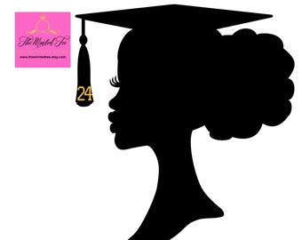Afro Girl Graduation Cap Gown Silhouette, Class of 2024 Silhouette, Ponytail Silhouette, Afro Grad Party Decor, Black Girl Grad Party Decor