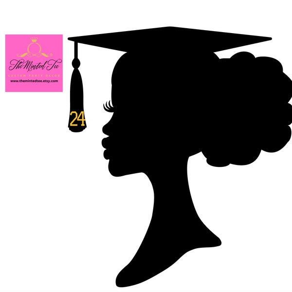 Afro Girl Graduation Cap Gown Silhouette, Class of 2024 Silhouette, Ponytail Silhouette, Afro Grad Party Decor, Black Girl Grad Party Decor