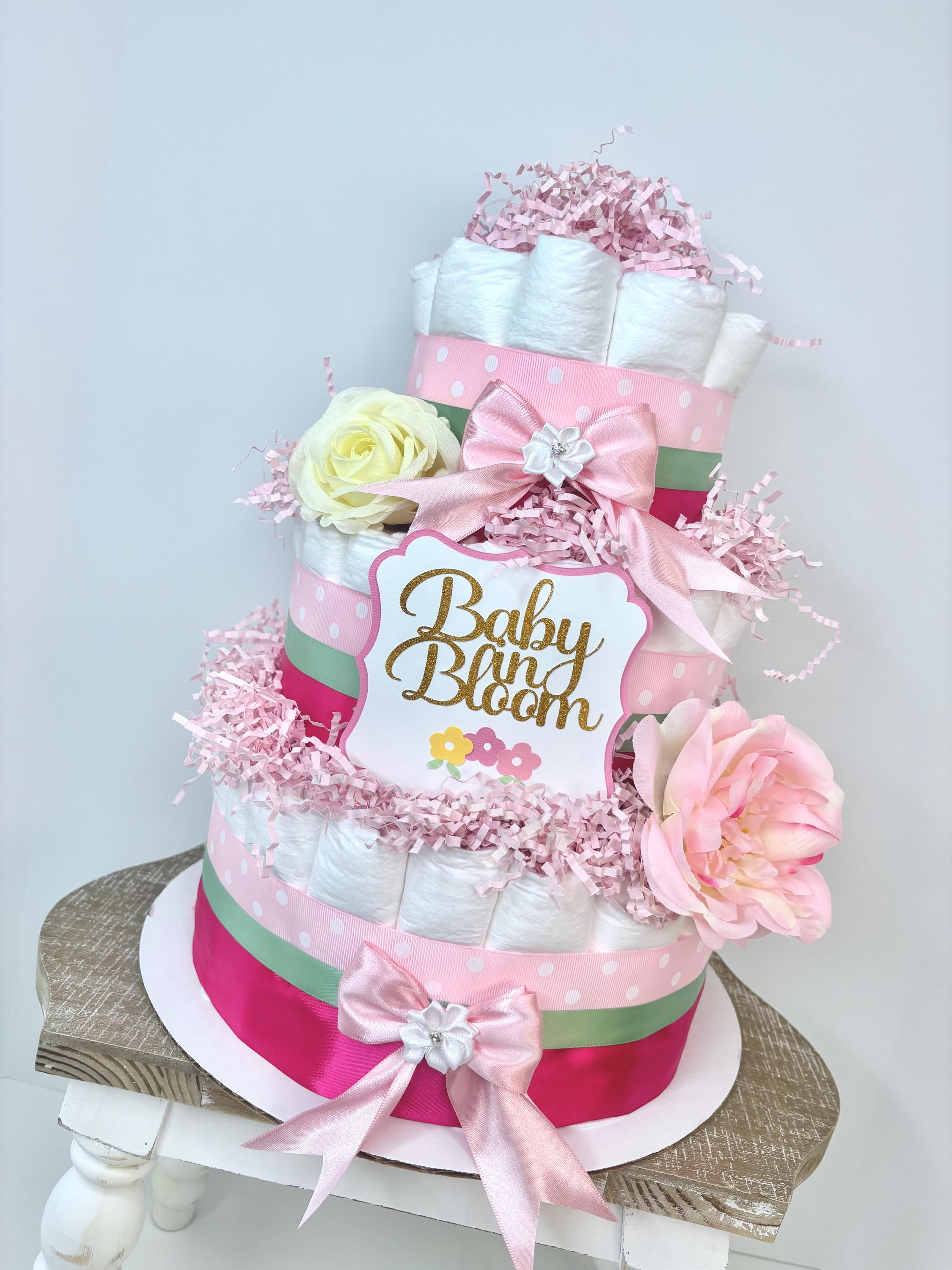 Baby in Bloom Diaper Cake: Pink Floral Baby Shower Centerpiece - Etsy