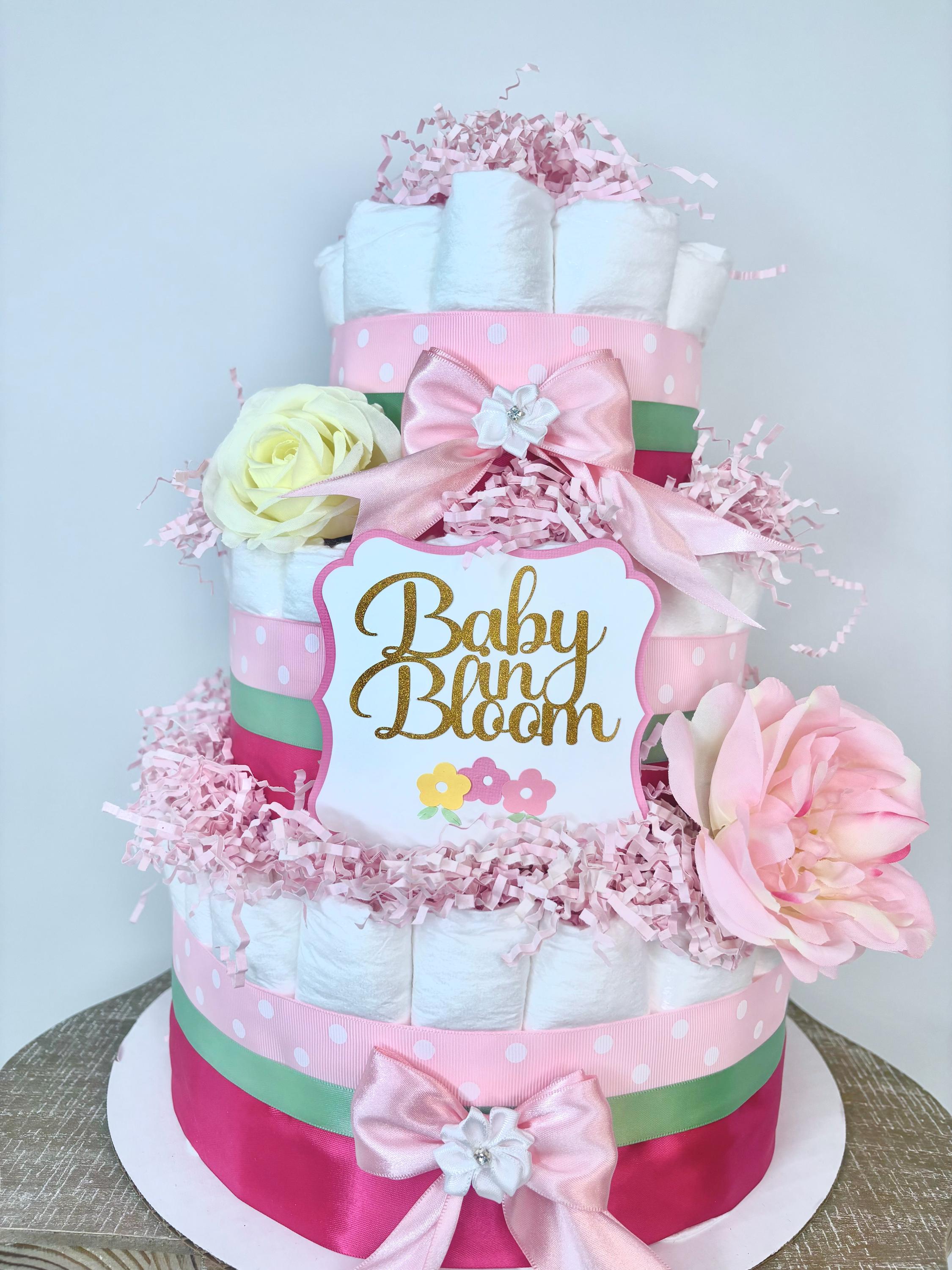 Baby in Bloom Diaper Cake: Pink Floral Baby Shower Centerpiece - Etsy