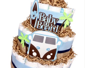 Luiertaart, baby aan boord luiertaart, jongensluiertaart, strandbabyshower, strandluiertaart, middelpunt surfbabyshower