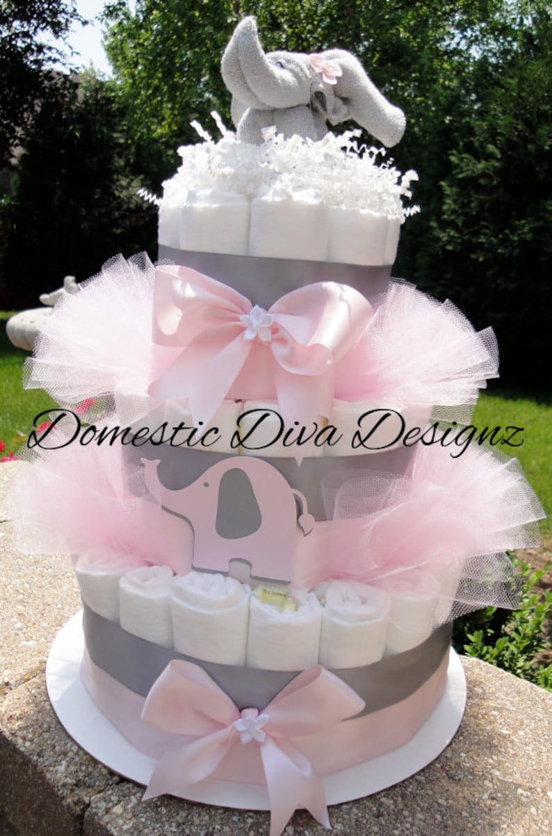 Diaper Cake, Elephant Diaper Cake, Elephant Baby Shower, Safari Diaper Cake, Baby Girl Diaper Cake, Baby Shower, Diaper Cake Centerpiece afbeelding 1