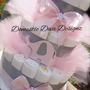 Diaper Cake, Elephant Diaper Cake, Elephant Baby Shower, Safari Diaper Cake, Baby Girl Diaper Cake, Baby Shower, Diaper Cake Centerpiece afbeelding 4