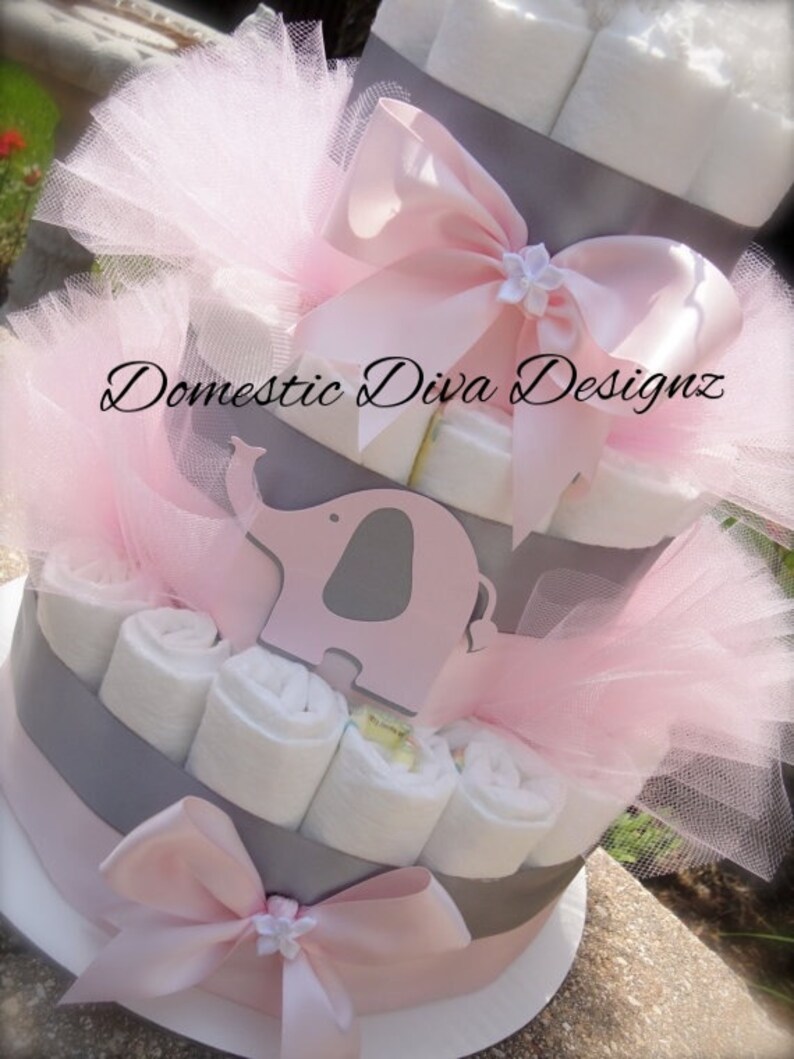 Diaper Cake, Elephant Diaper Cake, Elephant Baby Shower, Safari Diaper Cake, Baby Girl Diaper Cake, Baby Shower, Diaper Cake Centerpiece afbeelding 4