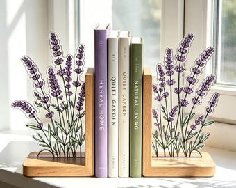Lavender Stained Glass Bookends Set, Wooden Base Floral Botanical Decor, Plant Lover Housewarming Gift