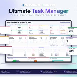 Könnte beinhalten: Ein digitales Aufgabenverwaltungs-Dashboard auf einem Laptop-Bildschirm mit dem Titel Ultimate Task Manager. Die Benutzeroberfläche enthält verschiedene Daten-Widgets, darunter Abschlussquoten, überfällige Aufgaben und Projektstatus-Metriken in einem klaren Layout.