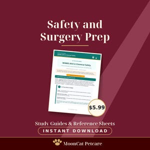 Può includere: Una guida di studio digitale intitolata Safety and Surgery Prep che presenta un documento su WHMIS 2015 e sicurezza chimica. La pagina include testo su materiali pericolosi, schede di sicurezza e il logo di MoonCat Petcare in basso.