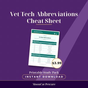 Può includere: Un foglio di consultazione digitale per le abbreviazioni di tecnologia veterinaria con una tabella dei programmi di dosaggio e delle vie di somministrazione. La pagina bianca presenta intestazioni e testo in verde ottanio.