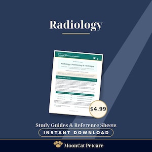 May include: A digital study guide titled Radiology: Positioning & Technique featuring a table on radiation safety, ALARA principles, and exposure guidelines. The document includes a header with the text Vet Tech Study Guides and MoonCat Petcare.