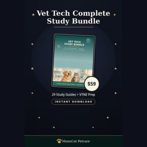 Könnte beinhalten: Ein digitales Vet Tech Complete Study Bundle mit 29 Studienführern und VTNE-Vorbereitung. Das Cover zeigt einen Golden Retriever und eine Katze in einer klinischen Umgebung mit dem Text Vet Tech Study Bundle und einem Sofort-Download-Button.