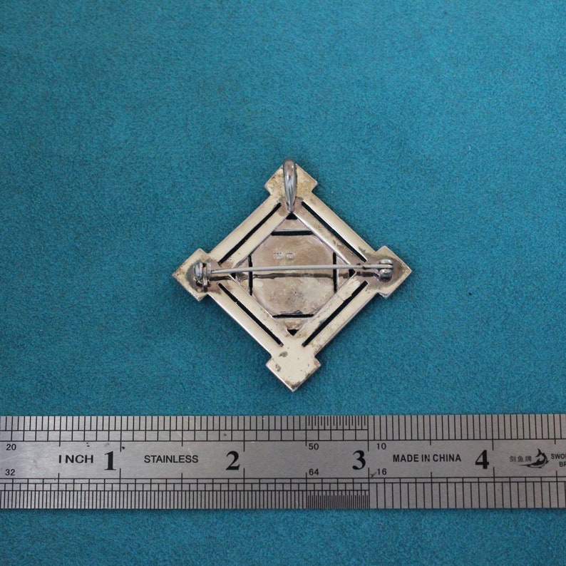 Vintage Onyx Square Jeweled Sterling Silver Brooch Pin