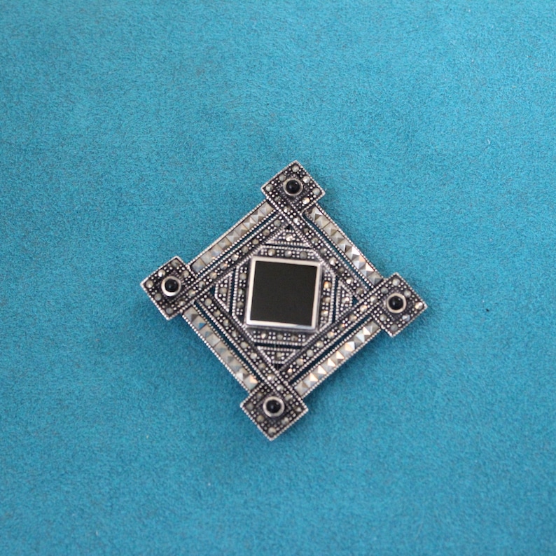 Vintage Onyx Square Jeweled Sterling Silver Brooch Pin
