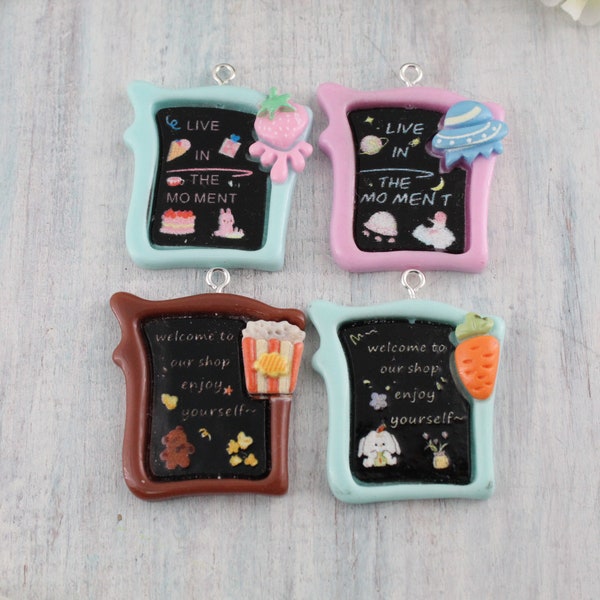 Set of 4 Assorted Mini Blackboard Resin Charms Flat Back Cabochon Packs Handmade DIY Jewelry Earring Necklace Bracelet Decorations