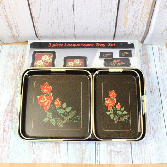 Vintage 3 Piece Lacquerware Tray Set With Box Etsy