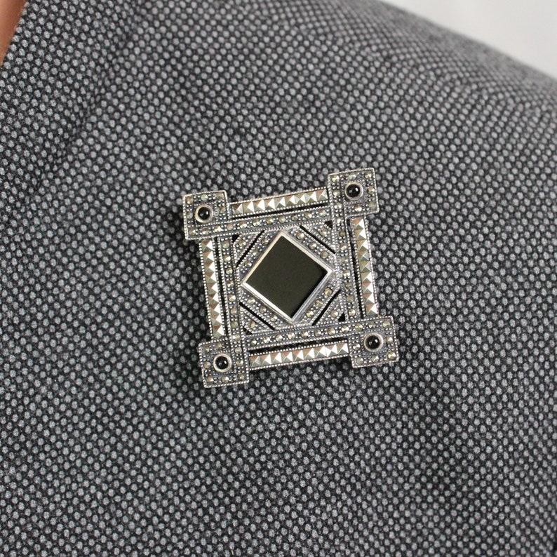 Vintage Onyx Square Jeweled Sterling Silver Brooch Pin