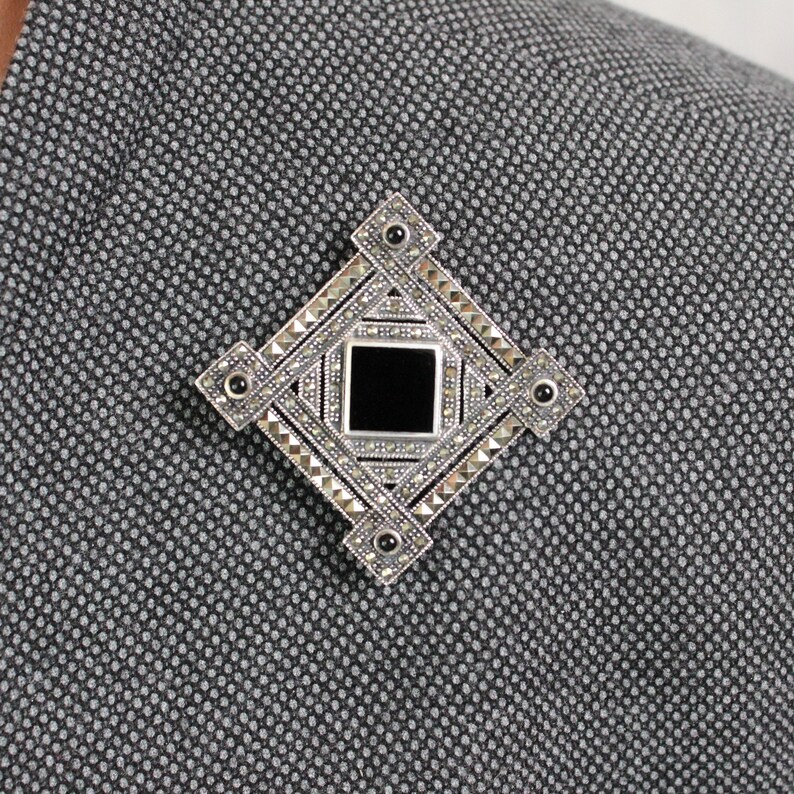 Vintage Onyx Square Jeweled Sterling Silver Brooch Pin