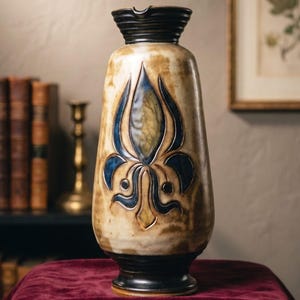 May include: A ceramic pitcher featuring a tall, tapered body with a cream and brown mottled glaze. The front displays a raised, embossed fleur-de-lis motif in deep blue and gold tones. It has a dark, ribbed neck and a matching dark circular base.