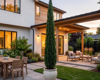 May include: A tall, slender evergreen tree planted in a large, round, cream-colored ceramic pot, positioned on a concrete patio next to a wooden dining set and a modern house with white walls and wood siding accents.