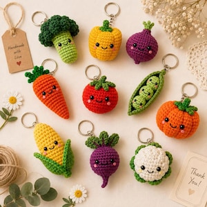 Crochet Vegetable Keychain Pattern Bundle, Kawaii Amigurumi Veggie PDF,Fruits keychain