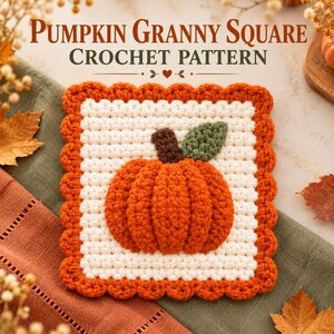 Schema per uncinetto quadrato a forma di zucca 3D "Nonna", motivo autunnale in stile cottagecore (download PDF)