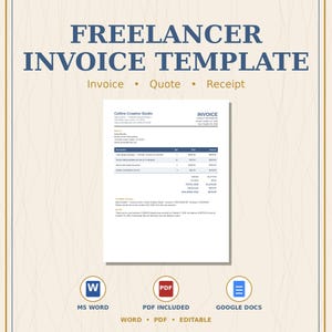 May include: A digital freelancer invoice template featuring the text FREELANCER INVOICE TEMPLATE, Invoice, Quote, Receipt, MS WORD, PDF INCLUDED, GOOGLE DOCS, WORD, PDF, EDITABLE, and a sample invoice document for Collins Creative Studio.