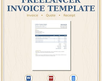May include: A digital freelancer invoice template featuring the text FREELANCER INVOICE TEMPLATE, Invoice, Quote, Receipt, MS WORD, PDF INCLUDED, GOOGLE DOCS, WORD, PDF, EDITABLE, and a sample invoice document for Collins Creative Studio.