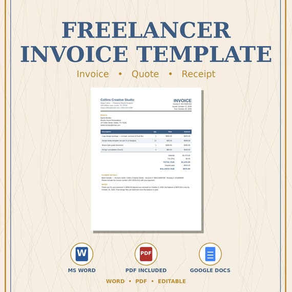 Freelancer Invoice Template for Word & Google Docs, Editable Invoice Quote and Receipt Set for Small Business Owners, Instant Download 2026