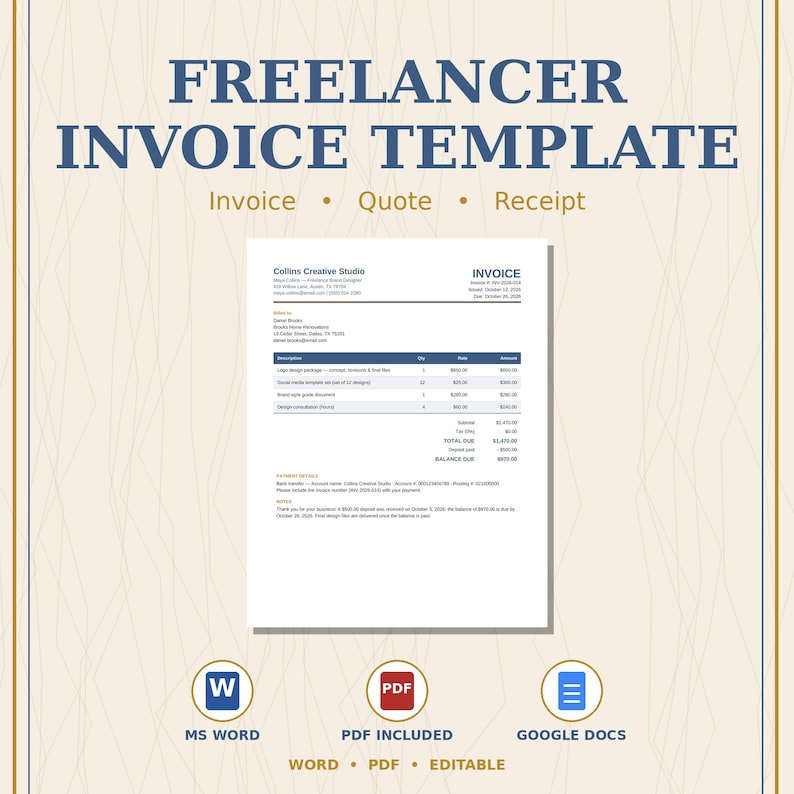May include: A digital freelancer invoice template featuring the text FREELANCER INVOICE TEMPLATE, Invoice, Quote, Receipt, MS WORD, PDF INCLUDED, GOOGLE DOCS, WORD, PDF, EDITABLE, and a sample invoice document for Collins Creative Studio.