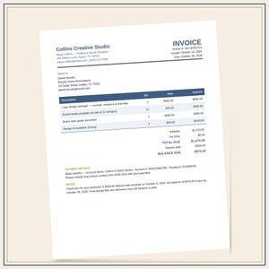 May include: A white invoice document from Collins Creative Studio for Daniel Brooks, dated October 12, 2026. It lists services including a logo design package, social media templates, a brand style guide, and consultation hours, totaling $1,470.00.