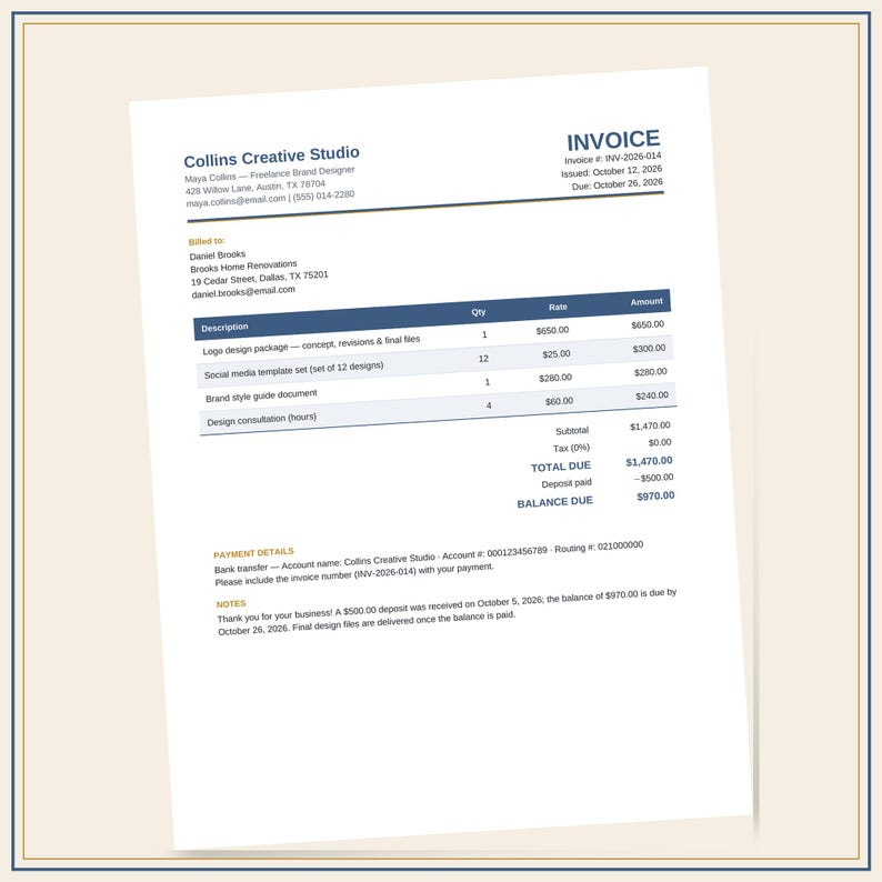 May include: A white invoice document from Collins Creative Studio for Daniel Brooks, dated October 12, 2026. It lists services including a logo design package, social media templates, a brand style guide, and consultation hours, totaling $1,470.00.