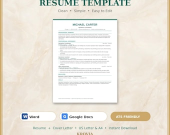 May include: A digital resume template document titled ATS FRIENDLY RESUME TEMPLATE with the text Clean, Simple, Easy to Edit. The document features a sample resume for Michael Carter, with icons for Word and Google Docs, and the text KROVIA.