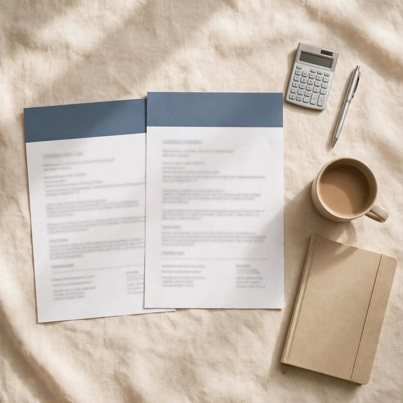 May include: Two white documents with dark blue headers, a silver calculator, a silver pen, a beige notebook, and a ceramic mug filled with coffee. The items are arranged on a textured, light-colored fabric surface with soft shadows.