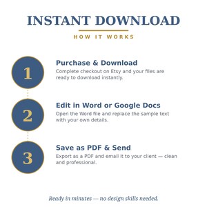 May include: An instructional graphic titled INSTANT DOWNLOAD HOW IT WORKS. It lists three steps: 1. Purchase & Download, 2. Edit in Word or Google Docs, and 3. Save as PDF & Send. The text at the bottom reads Ready in minutes &mdash; no design skills needed.