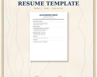 May include: A professional resume template document featuring the text Professional Resume Template, Modern - Clean - Easy to Edit, and a sample resume for Alexander Reed, Marketing Manager, with icons for MS Word and Google Docs below.