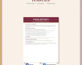 May include: A teacher resume template featuring the text TEACHER RESUME TEMPLATE, Elementary, Education, Professional, and a sample resume for Sarah Mitchell. Includes Word and Google Docs icons at the bottom of the document layout.