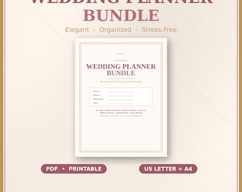 May include: A wedding planner bundle document with a cream background and dark text. The cover page features the title Wedding Planner Bundle, fields for partner names, wedding date, and venue, plus a list of included sections like checklist.