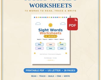 Sight Words Worksheets Kindergarten Printable, 73 Dolch Words, Read Trace Build Find Write, Flashcards, Homeschool PDF