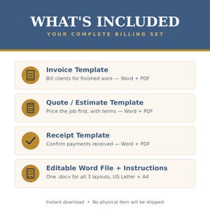 May include: A digital billing set featuring the text WHAT'S INCLUDED YOUR COMPLETE BILLING SET. It lists an Invoice Template, Quote / Estimate Template, Receipt Template, and Editable Word File + Instructions in Word and PDF formats.