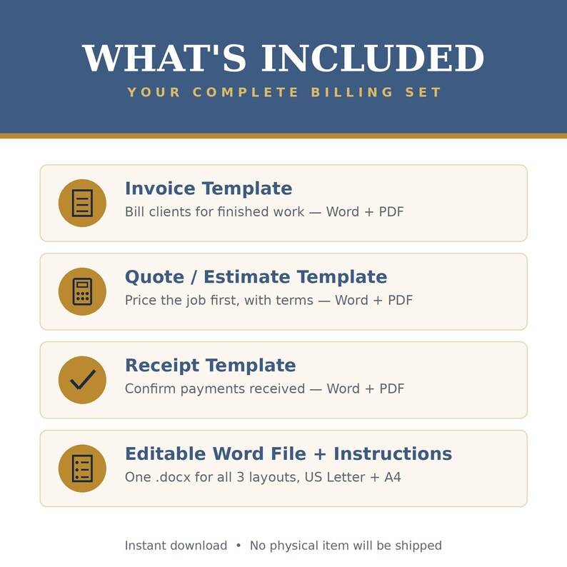 May include: A digital billing set featuring the text WHAT'S INCLUDED YOUR COMPLETE BILLING SET. It lists an Invoice Template, Quote / Estimate Template, Receipt Template, and Editable Word File + Instructions in Word and PDF formats.