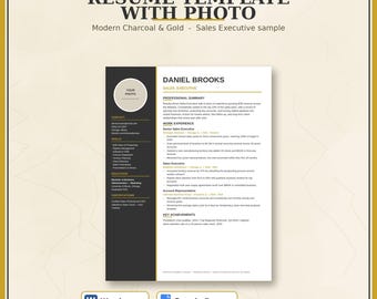 May include: A resume template featuring a charcoal and gold color scheme with a placeholder for a photo. The document includes sections for contact, skills, education, certifications, professional summary, work experience, and key achievements.