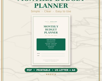 May include: A Monthly Budget Planner document featuring dark green text on a light background. The page includes sections for Monthly Budget Overview, Income Tracker, Expense Tracker, Bills Tracker, Savings Goals, Debt Payoff Tracker, and Monthly Review.