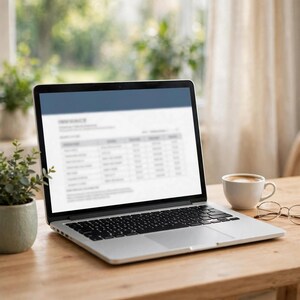 May include: A silver laptop with a black keyboard is open, displaying a blurred invoice document on its screen. Next to the laptop sits a white ceramic coffee cup and a pair of thin-rimmed glasses on a wooden surface.