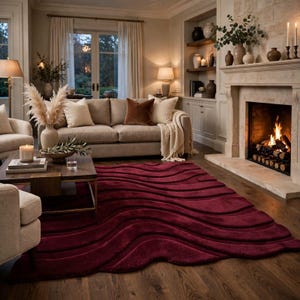 May include: A deep burgundy area rug featuring a textured, three-dimensional wave pattern with raised, undulating lines. The rug is rectangular with a plush, soft surface, covering a portion of the wooden floor in front of a fireplace.