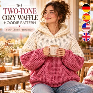 Könnte beinhalten: Ein zweifarbiger Kapuzenpullover aus Waffelstrick mit einem cremefarbenen Oberteil und einem rosafarbenen Unterteil mit Vordertasche. Der Text lautet: THE TWO-TONE COZY WAFFLE HOODIE PATTERN, Cozy, Chunky, Handmade. Der Pullover hat lange Ärmel.