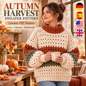 May include: A crochet sweater pattern titled Autumn Harvest Sweater Pattern, featuring a chunky, long-sleeved pullover with a ribbed collar, cuffs, and hem. The sweater displays horizontal color-blocked stripes in cream, rust orange, and sage green.
