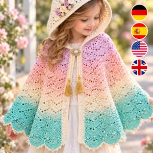 Op de afbeelding: Een gehaakte cape met capuchon en een kleurverloop van crème naar roze, geel en turquoise. Het kledingstuk heeft een geschulpte zoom versierd met kleine witte kralen, een decoratieve sluiting met een parel in het midden en twee goudkleurige kwastjes.