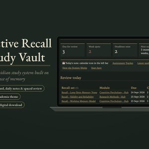 May include: A digital study dashboard displayed on a laptop screen titled Active Recall Study Vault. The interface features sections for review, deadlines, and a table tracking recall sets, modules, due dates, and confidence levels in a dark theme.