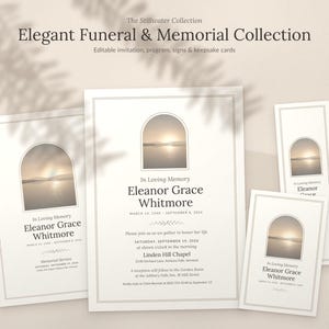 Peut inclure: Un ensemble de papeterie funéraire et commémorative avec un graphique en forme de fenêtre arquée montrant un coucher de soleil sur l'eau. Les cartes blanches portent le texte The Stillwater Collection, Elegant Funeral & Memorial Collection et In Loving Memory Eleanor Grace Whitmore.