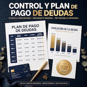Puede incluir: Plantilla de plan de pago de deudas con una tabla titulada PLAN DE PAGO DE DEUDAS, un gráfico de barras EVOLUCIÓN DE LA DEUDA, un sello dorado DEUDA CERO, una tarjeta de crédito azul oscuro y un bolígrafo dorado. Texto: CONTROL Y PLAN DE PAGO DE DEUDAS.