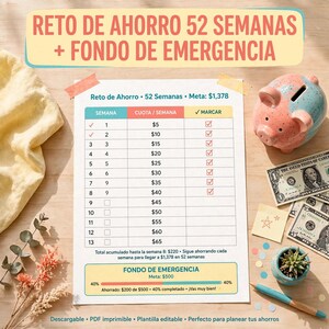 Puede incluir: Una hoja de seguimiento para un reto de ahorro de 52 semanas y fondo de emergencia con columnas para semana, cuota y casillas de verificación. El documento incluye el texto RETO DE AHORRO 52 SEMANAS + FONDO DE EMERGENCIA, una hucha y billetes.